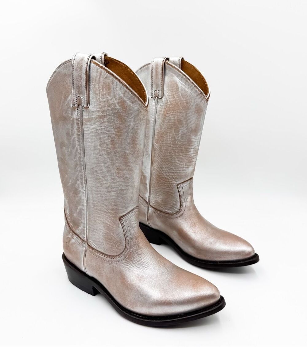 Frye Billy Pull On Silver Metallic Leather Pointed Toe Western Cowboy Boots Size